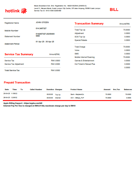 Malaysia Hotlink utility bill template in Word and PDF formats